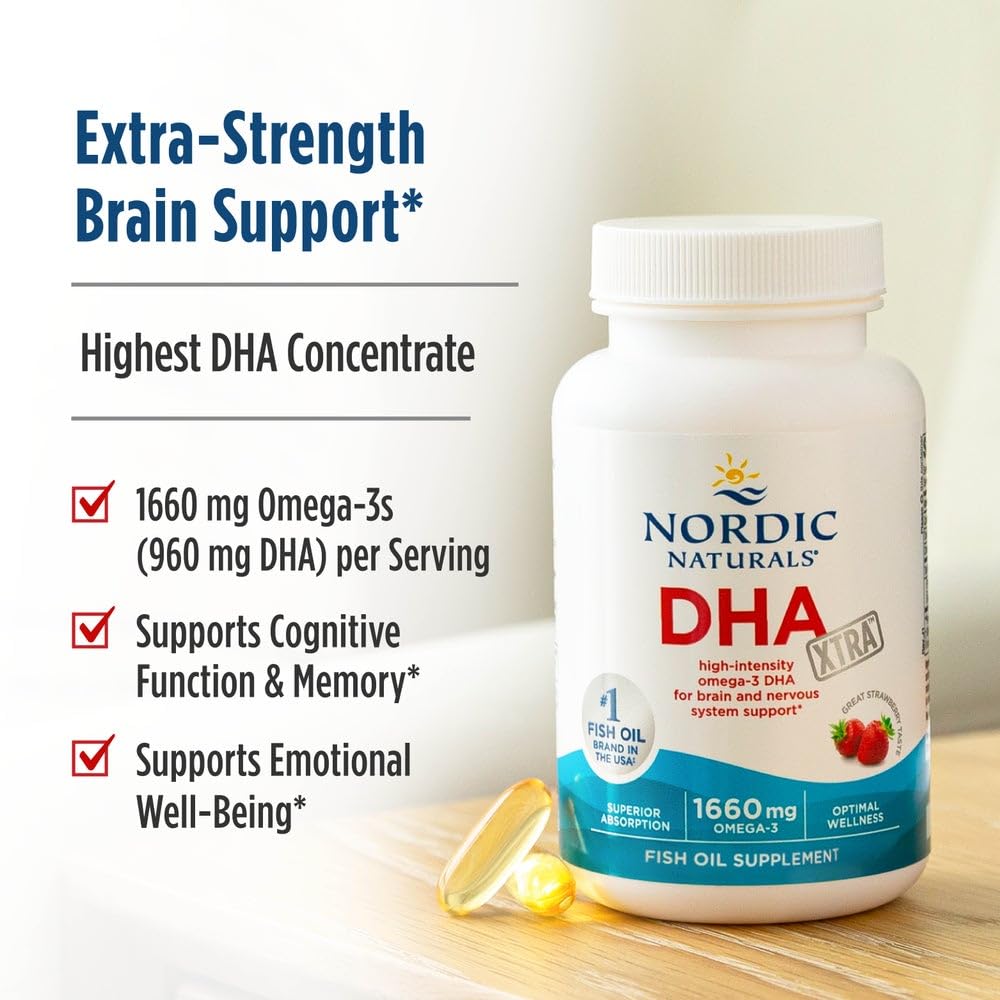 Nordic Naturals DHA Xtra, Strawberry - 90 Soft Gels - 1660 mg Omega-3 - High-Intensity DHA Formula for Brain& Nervous System Support - Non-GMO - 45 Servings