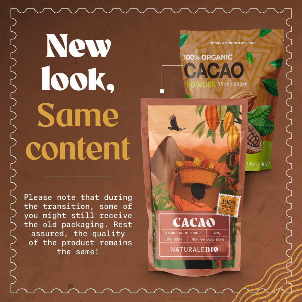 NaturaleBio Cacao Powder Organic 35oz. Unsweetened, Non-Alkalized and Pure. Cocoa Powder Substitute with Rich Dark Chocolate Flavor. Non-GMO, Gluten Free, Tested for Heavy Metals. From Raw Cacao Beans