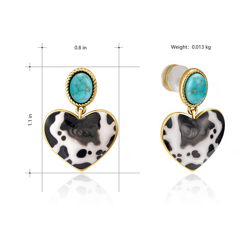 Wrangler Heart Drop Dangle Earrings, 14K Gold Turquoise Western Jewelry