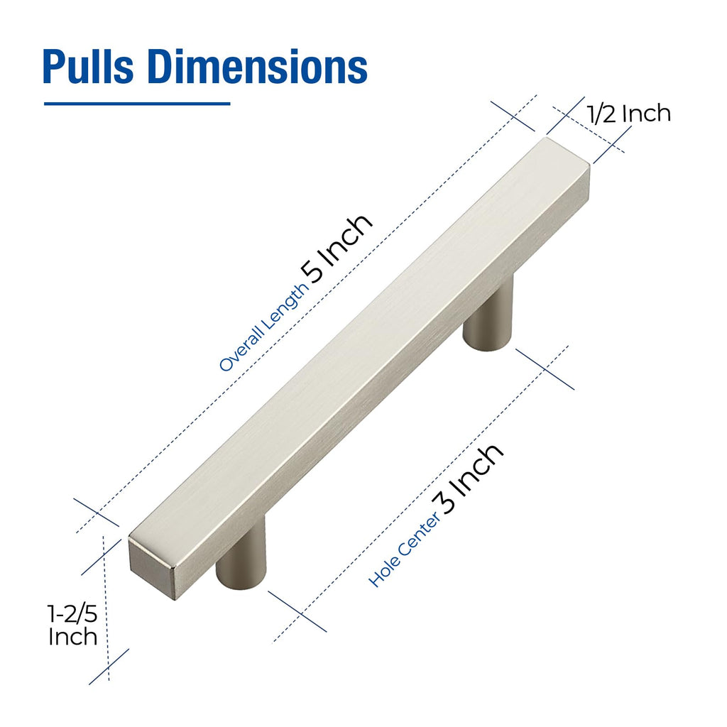 JOY DECOR 10 Pack 3 Inch Brushed Nickel Square Cabinet Handles Stainless Steel Cabinet Hardware Pulls for Kitchen and Drawers with 5 Inch Overall Length