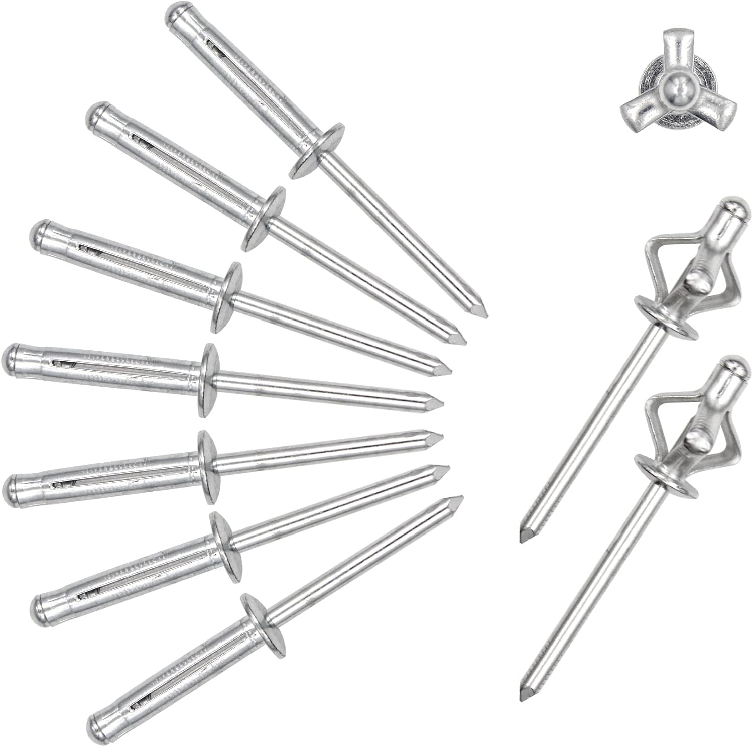 ALLCLEAN 3/16" x 1" Tri-Fold Rivets Assortment - 120Pcs,Silver Tri-fold Exploding Pop Rivets Solid Aluminum Tri Grip Rivets Bulb Style Rivets for Kayak Marine Boat