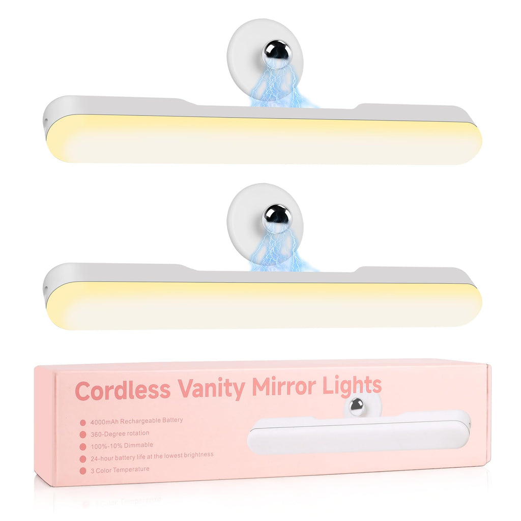 cambk Set of 2 Wireless Vanity Makeup Lights for Mirror, Stick On Rechargeable Light Bar for Bathroom Mirror with 3 CCT&Dimmable, Cordless Battery Operated Touch Control Lighting
