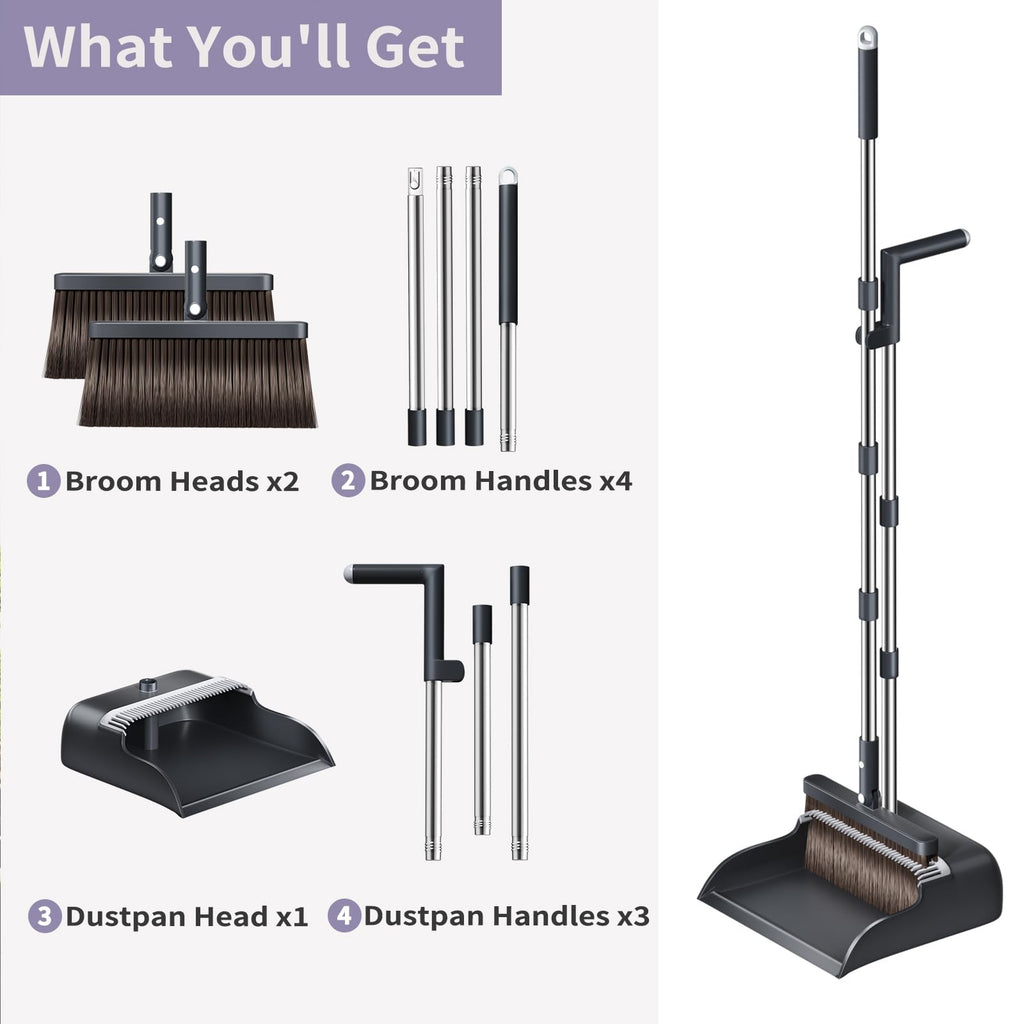 Broom and Dustpan Set, 51.6" Long Handle Broom with Dustpan Combo Set with Dustpan Teeth & Two Broom Heads, Brooms with Dust Pan for Sweeping Indoor Home Kitchen Office Lobby Pet Hair