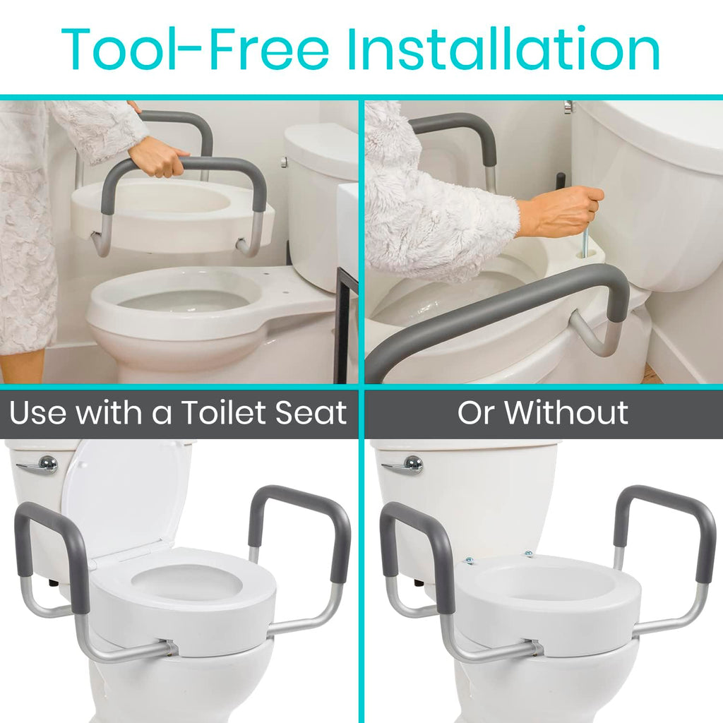 Vive Raised Toilet Seat Riser for Seniors (with Handles) - Handicap Rail Grab Bar Seat for Over Toilet - Elevated Safety for Elderly, Disabled, Medical - Standard