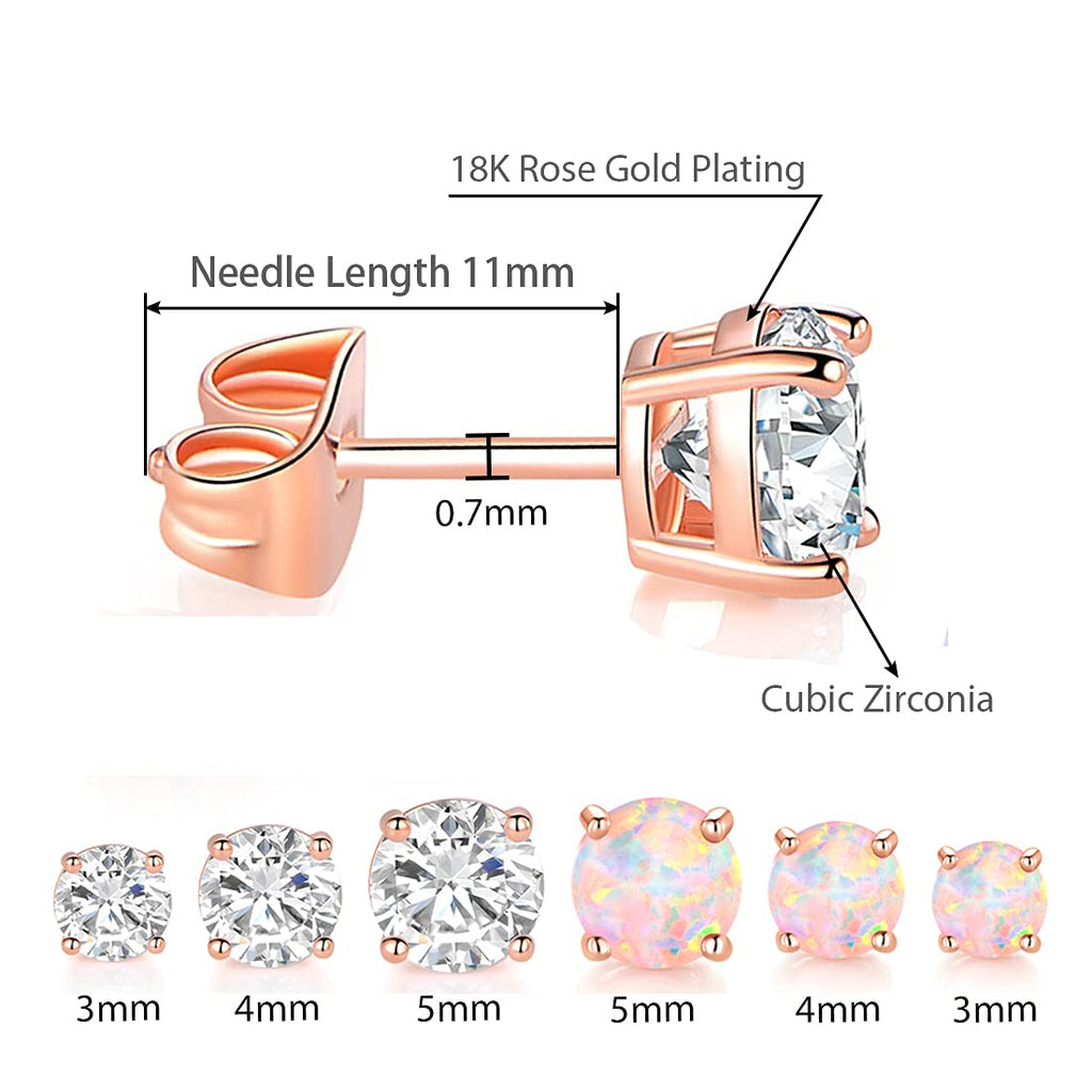Dwearbeauty Rose gold Earrings, 6 Pairs Earrings Set Cubic Zirconia stud Earring with 18K Rose Gold Plated Hypoallergenic Opal Earring Small for Women
