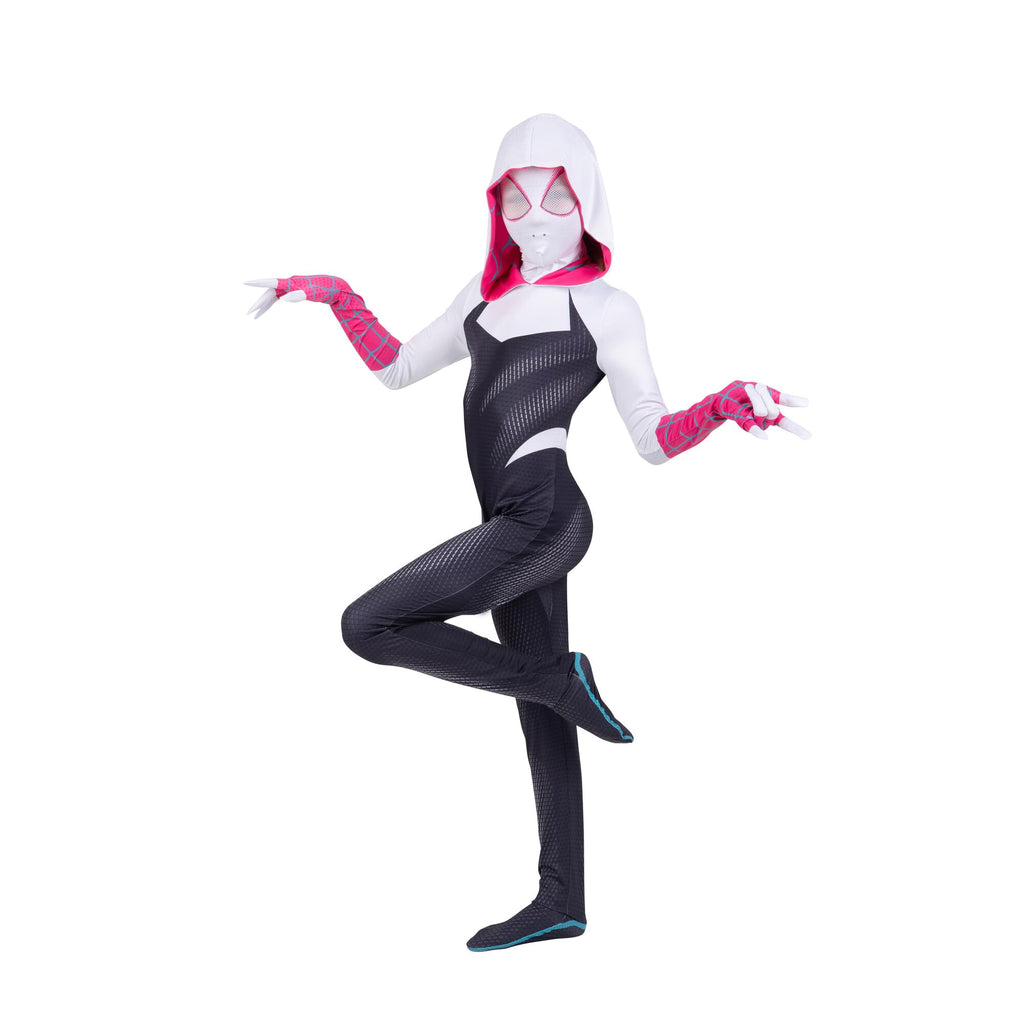 MARVEL Spider-Gwen Official Youth Zentai Halloween Costume - Hooded Spandex Jumpsuit with Printed Design and Pull On Spandex Mask (M)