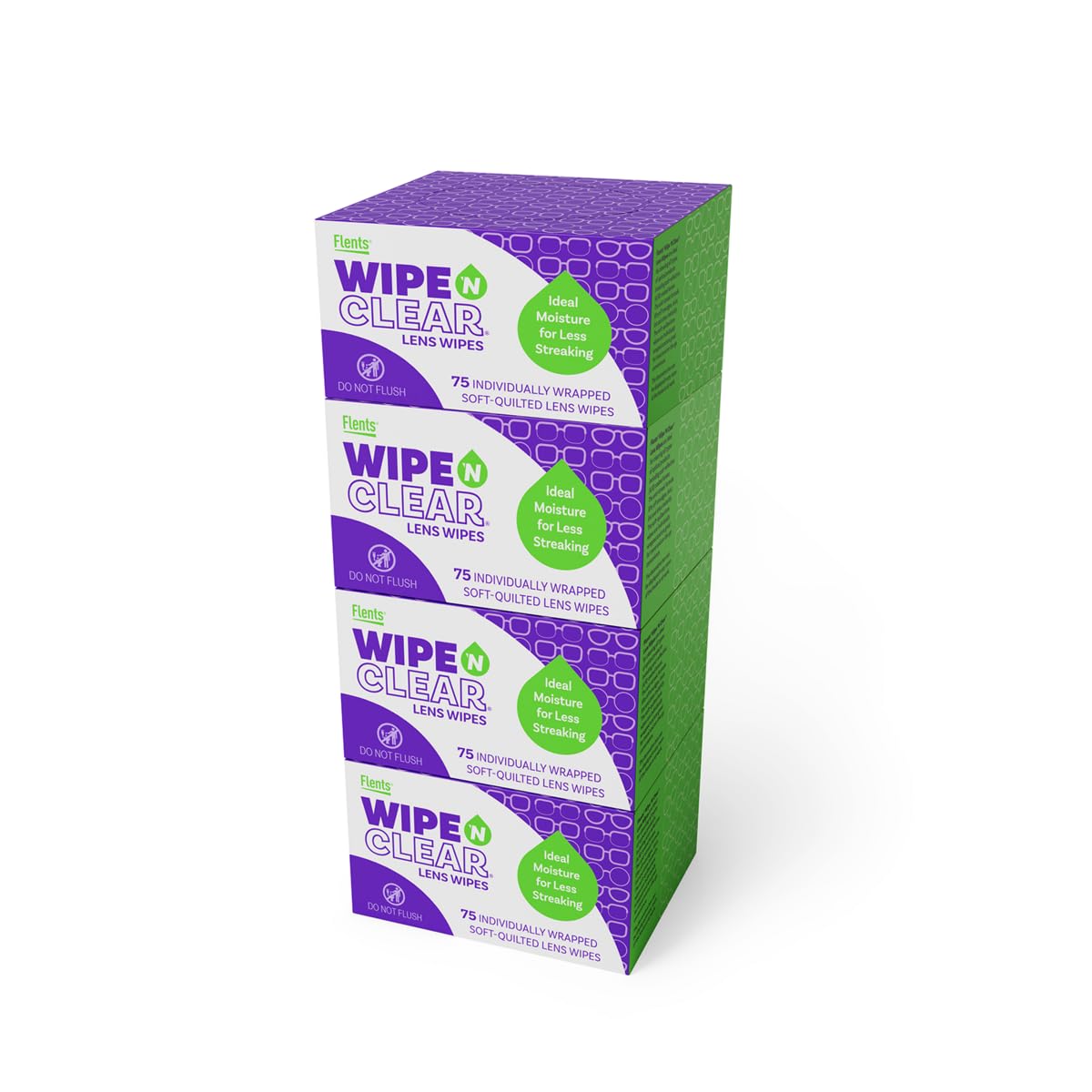 Flents Wipe 'N Clear Lens Cleaning Wipes, Pre-Moistened, Gentle Cleaning, AntiStreak, Fast Drying, 4 Portable Boxes Of 75, 300 Count, Individually Wrapped for Travel & Convenience, Made in the USA