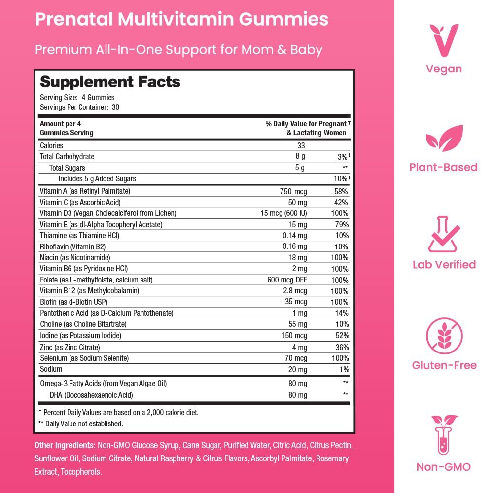 Prenatal Vitamin Gummies with DHA | Vegan Prenatal Vitamins for Women with Omega 3, Methylfolate, Choline & D3, Pregnancy Vitamins for Fetal Development | Gummy Multivitamin Supplement, 120 Count