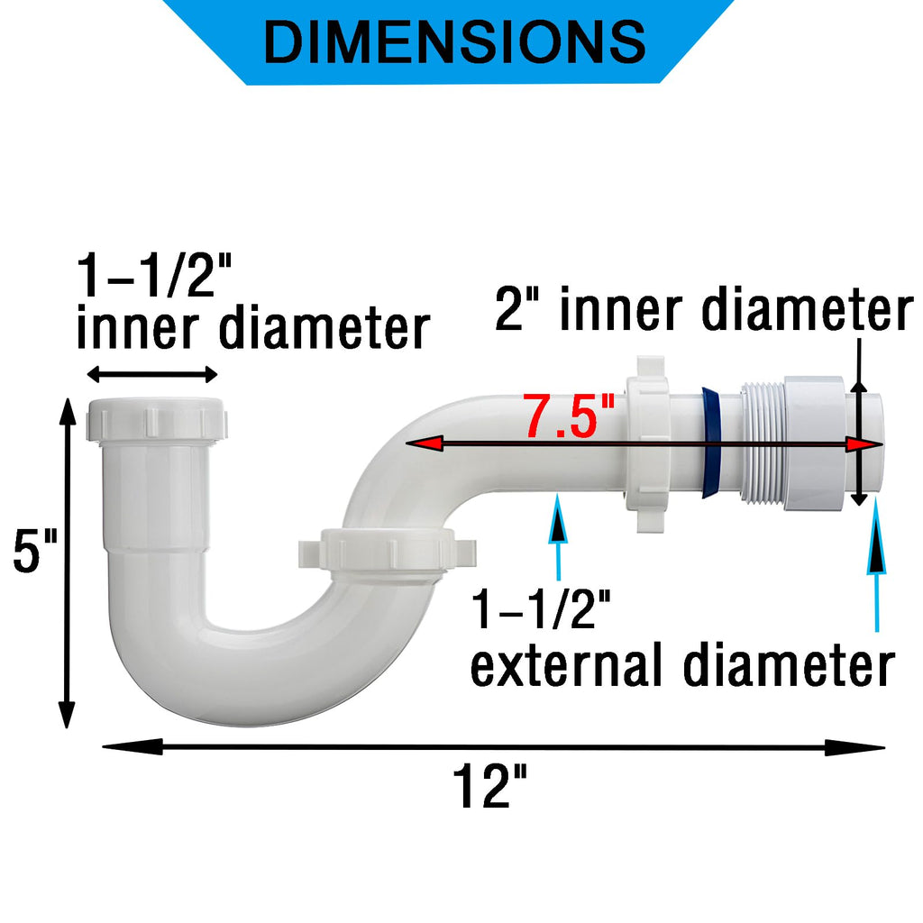 (1 Pack) Yariwiz White P Trap 1 1/2 Inch for Bathroom Kitchen Sink Drain Pipe Tubular Kit with White Threaded Adapter and Blue TPE Washer KSD-001W
