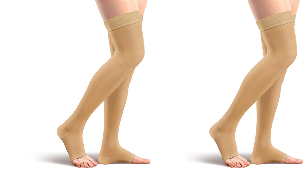 Amazon Basic Compression Stockings, 20-30 mmHg, Women & Men, Thigh Length | Open Toe | Beige | Large | Pack of 2 (Previously Amazon Basic Care)