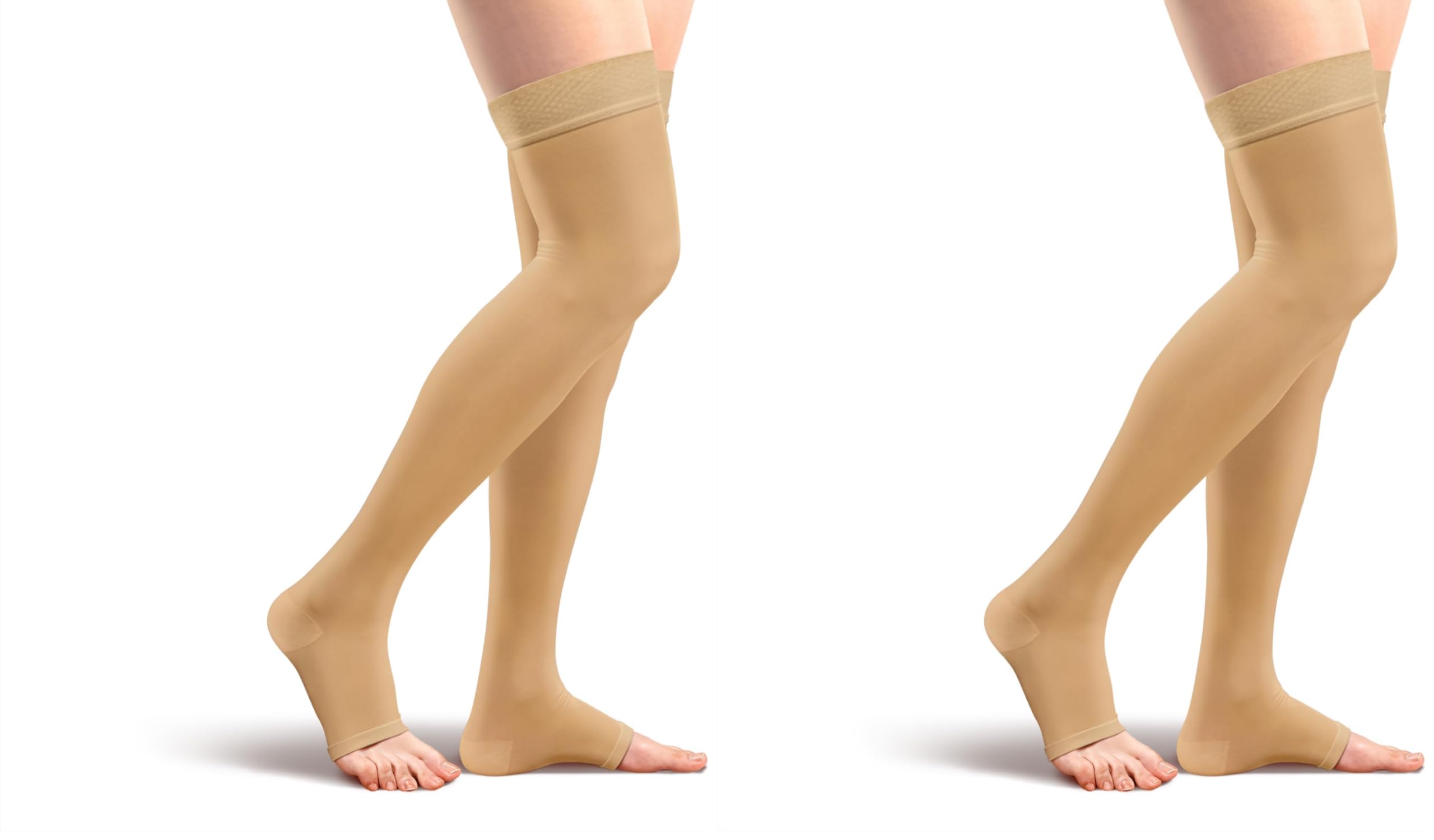 Amazon Basic Compression Stockings, 20-30 mmHg, Women & Men, Thigh Length | Open Toe | Beige | Large | Pack of 2 (Previously Amazon Basic Care)