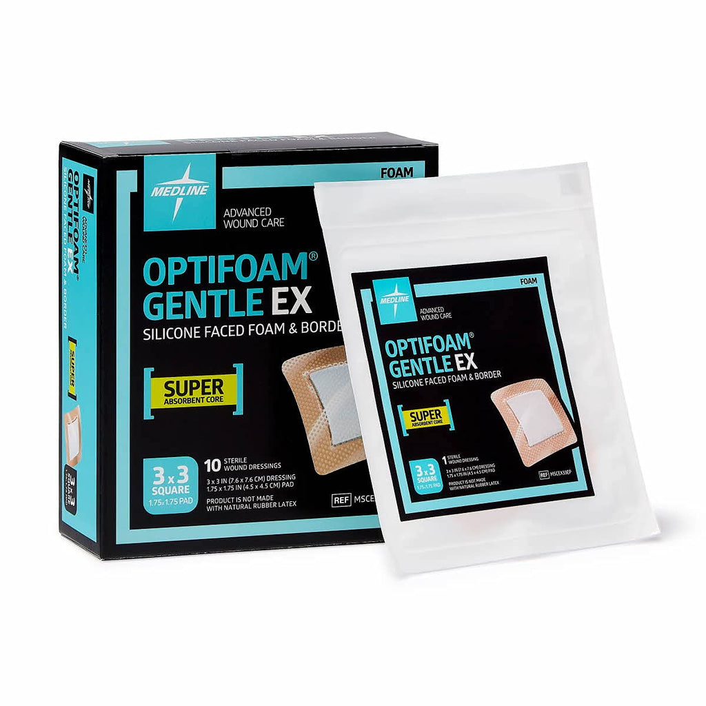 Optifoam Gentle EX Silicone-Faced Bordered Foam Dressing, 3" x 3", 10 Count