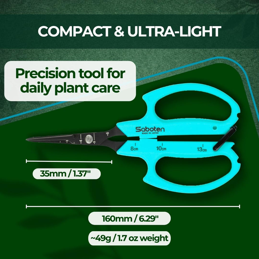 Saboten Japanese Harvesting Shears, Magnetic Springless, Fine-Tip Angled Blade, Fluorine-Coated Steel, Non-Slip Grip, Safety Lock, Made in Japan (Turquoise)