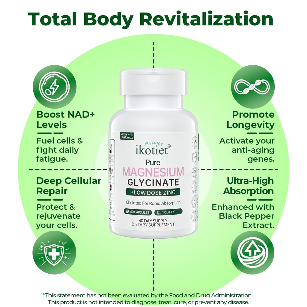 IKOTIET Magnesium Glycinate with Low Dose Zinc, Chelated Gentle Absorption VeganCapsules, 180 Count 90-Day Supply. Gluten, Dairy & Shellfish Free easy-swallow pills for men & women, Third-Party Tested