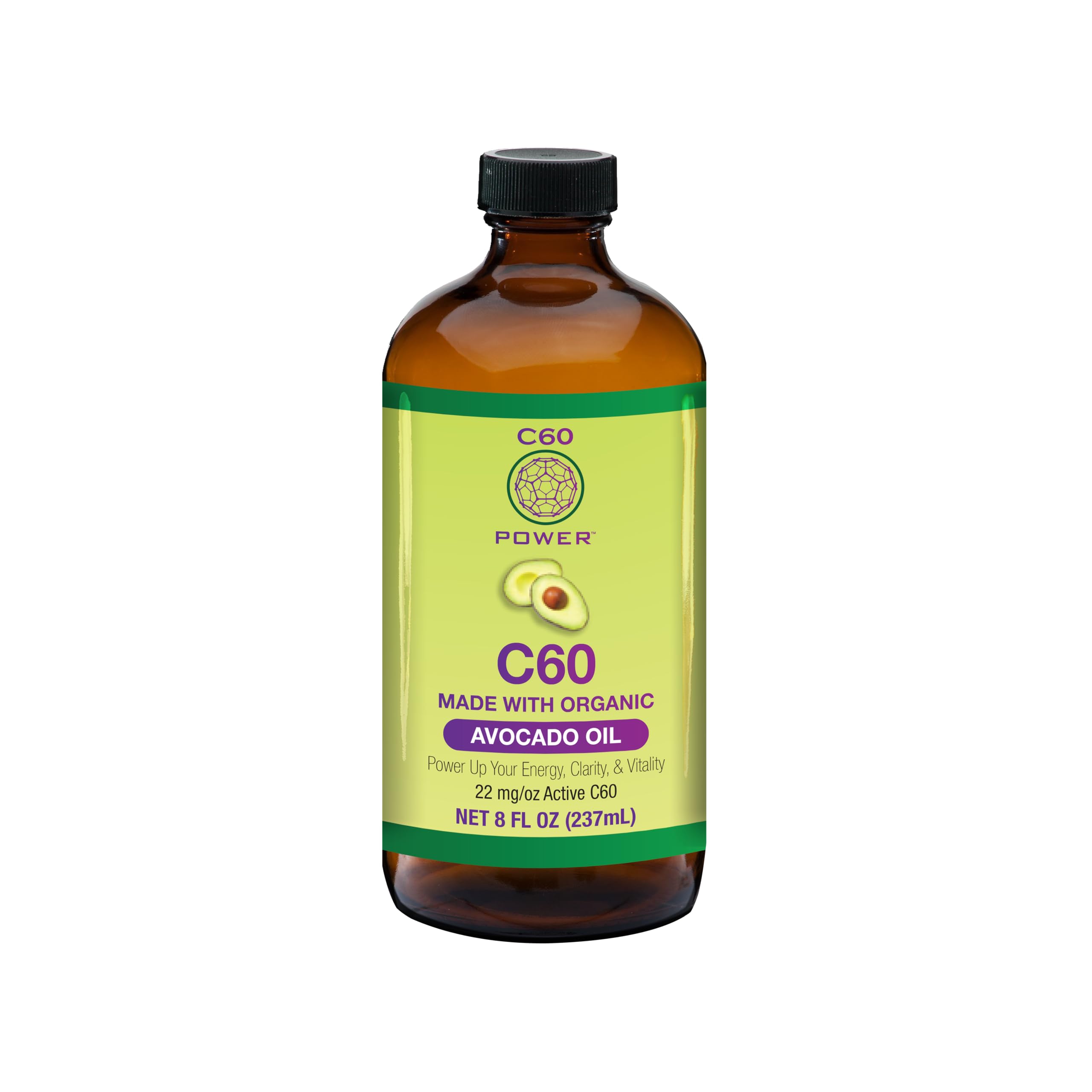C60 Power C60 in Organic Avocado Oil - Natural Wellness & Antioxidant Support for Men & Women, 99.99% Pure Carbon Fullerenes, Promotes Energy, Mental Clarity, & Stamina - 8 fl oz Bottle