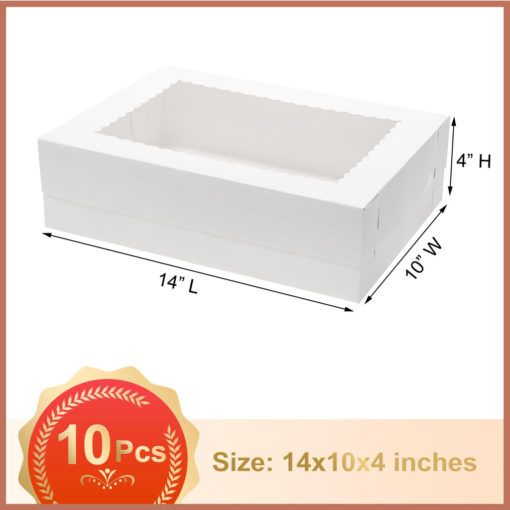 Mcfleet 10pcs 14x10x4 Cake Boxes with Window Rectangle Quarter Sheet Bakery Boxes for Pastry Baking Cake, Cupcakes, Donuts, Cookies, Pie Treat Packaging White Large