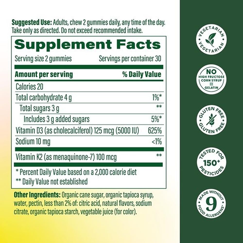 MegaFood Vitamin D3 K2 Gummies - Vitamin D 5000 IU for Bone & Immune Health Plus Support for Optimal Calcium Absorption - Peach Flavor, Pectin Based - 60 Vegetarian D3 and K2 Supplements, 30 Servings