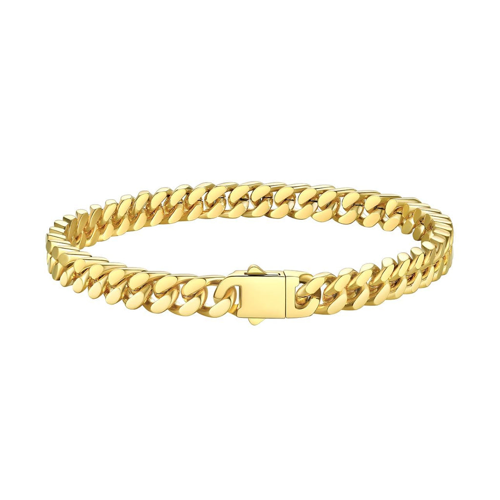 Bestyle 5mm 18K Gold Filled Miami Cuban Chains Bracelets Cool Causal Style Stainless Steel Curb Link Chain Bracelet for Men & Women, Daily Wear Gold Hand Chain 19cm/7.5Inch