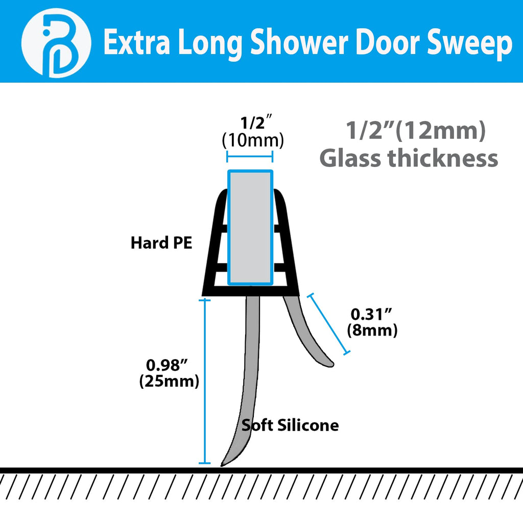 2-Pack Butecare Frameless Shower Door Bottom Seal with Long Sweep for Glass Doors – Stop Shower Leaks and Create a Water Barrier (1/2” x 36”)