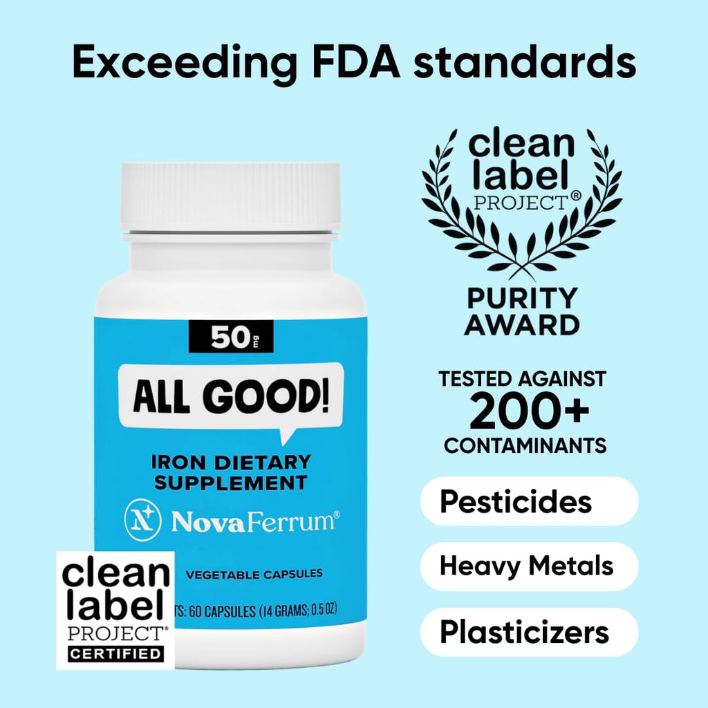 NovaFerrum All Good | Iron Capsule Supplements for Adults | Anemia | 50mg of Iron | 60 Servings | Sugar Free | Vegan | Gluten Free (Pack of 2)