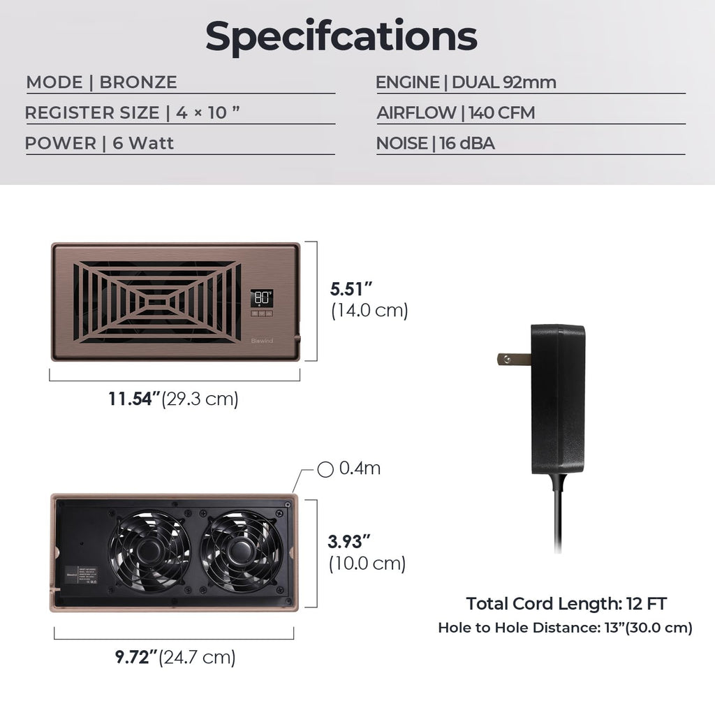 BIOWIND Quiet Register Booster Fan Fits 4" x 10" Register Holes, 10-Speed Smart Heating Cooling AC Vent Fan with Remote Control and Thermostat Control - Bronze