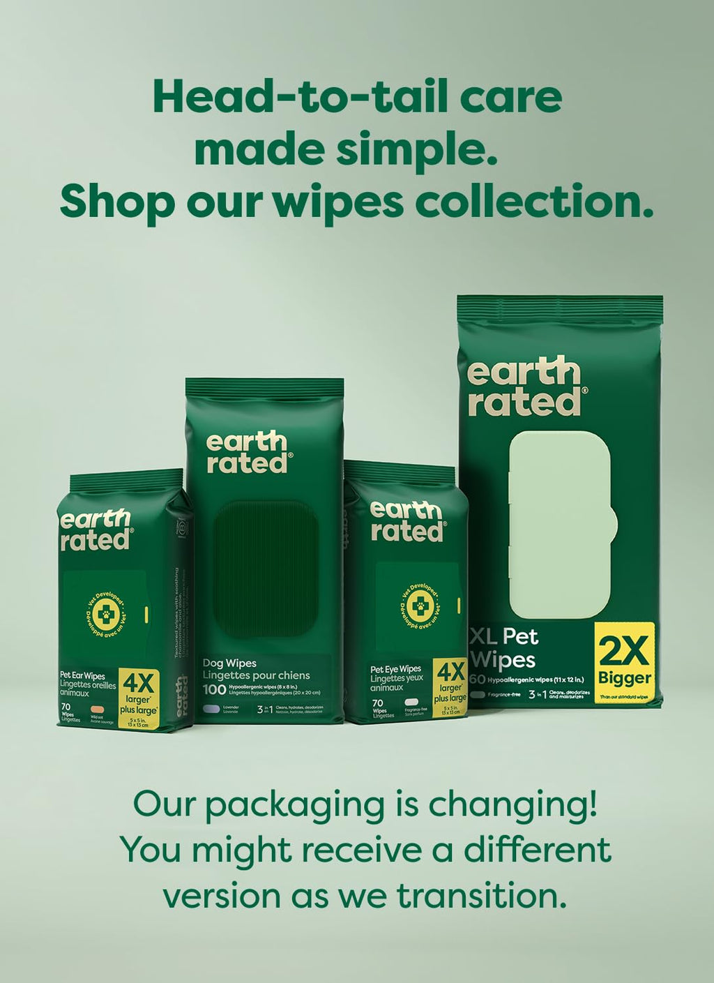 Earth Rated Dog Wipes for Paws & Butt, Deodorizing, Unscented, 400ct