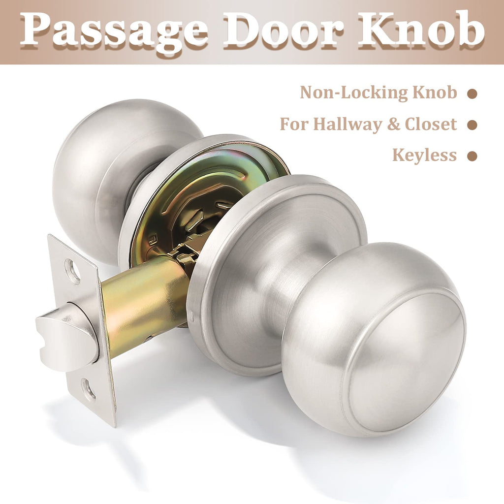 Probrico 10 Pack Round Passage Door Knob(Non-Locking Knobs), Keyless Doorknobs Interior/Exterior Door Lockset,Passage Knobs for Hallway/Closet,Satin Nickel Finish Modern Design Door Hardware