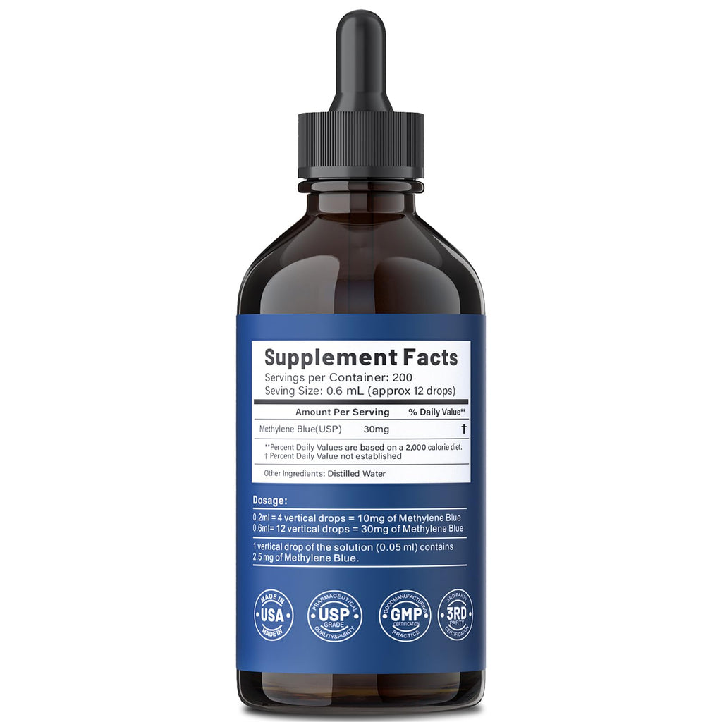 Methylene Blue Drops 5%, 99.99% Purity USP Pharmaceutical Grade Solution for Humans, No Formaldehyde & No Alcohol, 4.06 OZ FL
