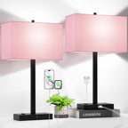 Lynnoland 21" Set of 2 Table lamp with USB A+C & AC Outlets, Touch Control 3-Way Dimmable Nightstand Lamps for Bedroom Living Room Office Reading, Pink Shade Touch Lamps, 5000K LED Bulbs Included