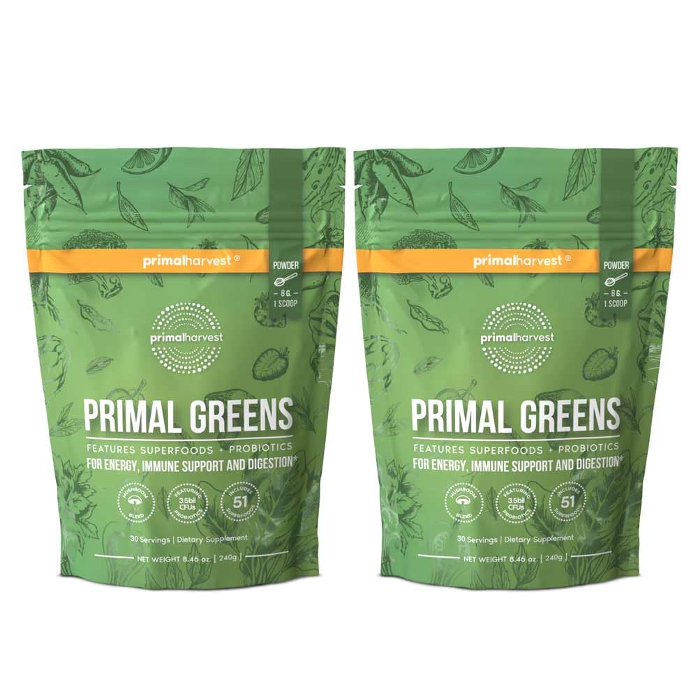 Primal Harvest Primal Greens Powder, 30 Servings Once Daily Supergeens Nutritional Supplement with Spirulina, Mushroom Blend & Probiotics to Support Energy, Wellness, & Digestion 2 Pack