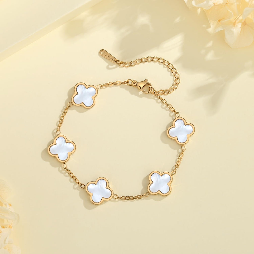 CORSMGSE 18K Gold Plated Clover Lucky Bracelet for Women Gold White Black Pink Green Red Blue Adjustable Double Sided Flower Four Leaf Link Bracelets Trendy Jewelry Gifts for Women Men