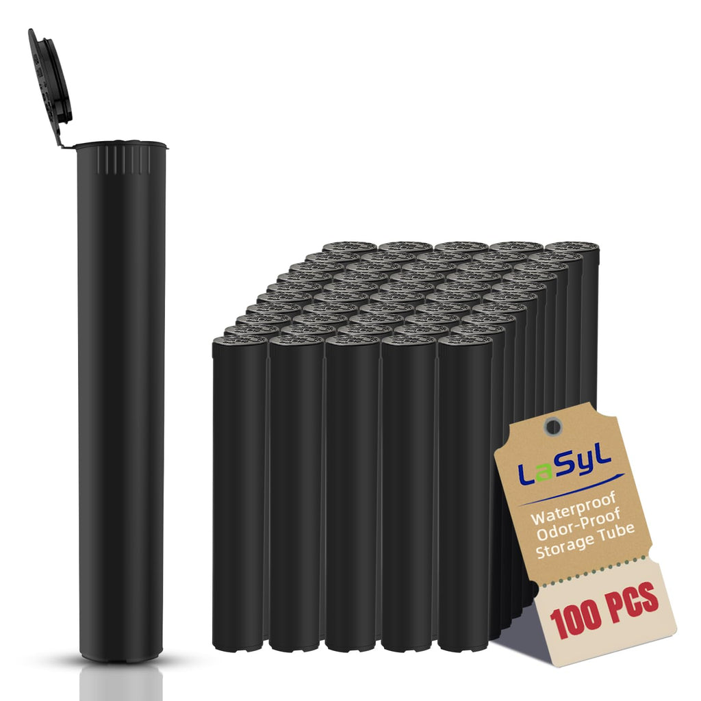 LaSyL 116mm Pre Roll Tubes - 100 Pcs, Waterproof Airtight Odor Sealing Smell Proof Container with Squeeze Pop Top, BPA Free, Black