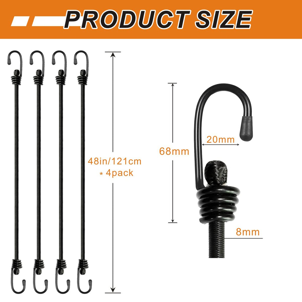 BEXSLE Bungee Cords with Hooks, Heavy Duty Outdoor Elastic Bungee Straps，No Odour Industrial Grade Bungee Rope for Securing Tarps, Luggage, Tents, Bikes or Garden Tidying 48inch 4Pcs (Black)