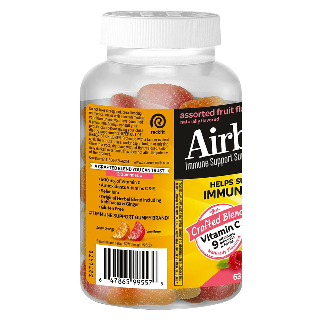 Airborne Kids 500mg Vitamin C Gummies, Kids Immune Support Zinc Gummies with Powerful Antioxidants VIT C & E - 63 Gummies, Assorted Fruit Flavor (Pack of 4)