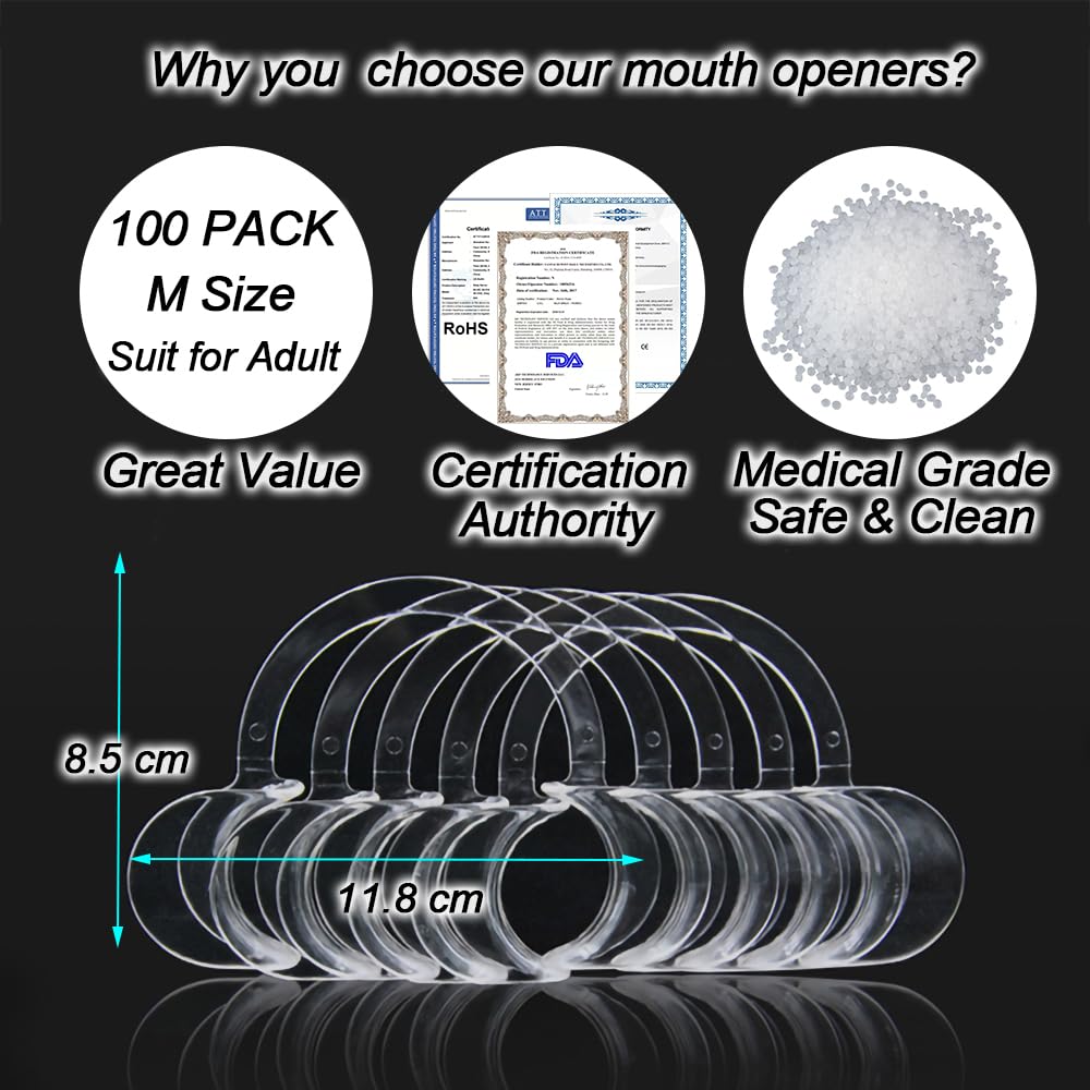 100-Pack Dental Cheek Retractor, Professional Autoclavable Mouth Opener Retractors, 100% BPA-Free, for Dentist, Teeth Whitening, Party, Mouthguard Challenge Game - Size M, Clear