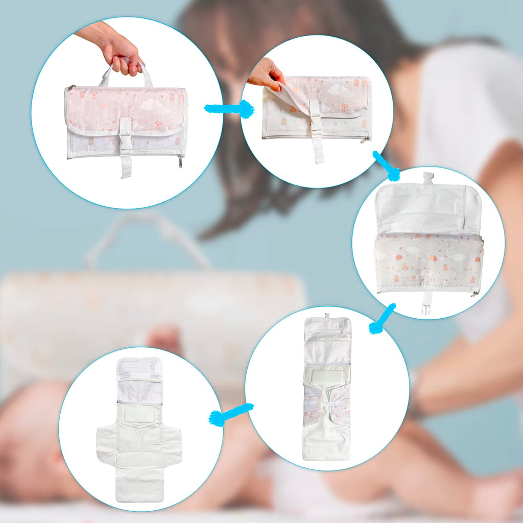 TENDS Portable Baby Changing Mat XL-Foldable Waterproof Diaper Changing Mat with Detachable Bag and 6 Pockets as a Toiletry Bag for Baby Items
