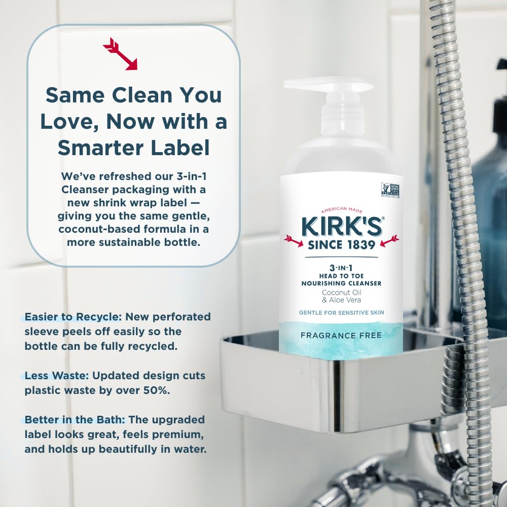 Kirk's 3-in-1 Head to Toe Nourishing Liquid Cleanser- for Men, Women & Children - Premium Coconut Oil & Aloe Vera- Non GMO & Vegan -Fragrance Free - 32 Fl Oz.