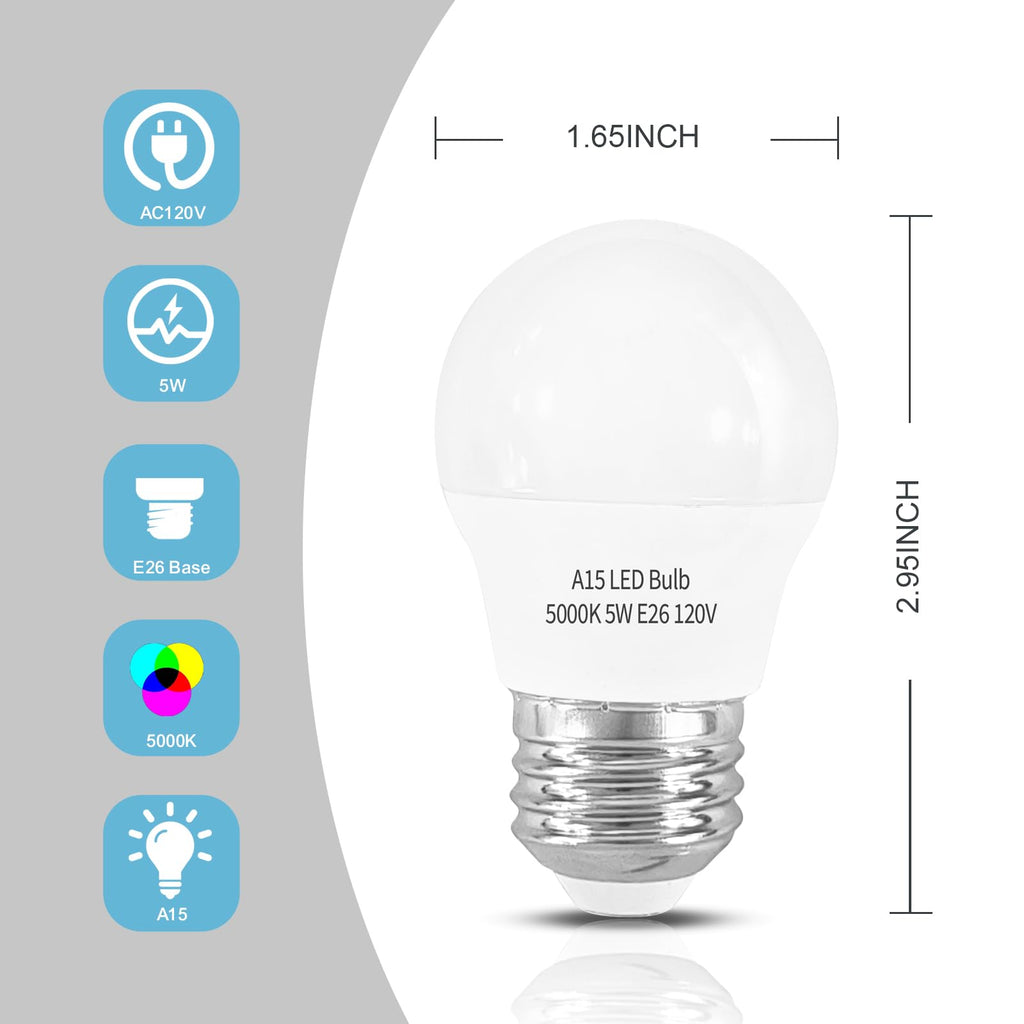 LOXYEE LED Refrigerator Light Bulb 2 Pack，Dimmable A15 5000K 40W Equivalent