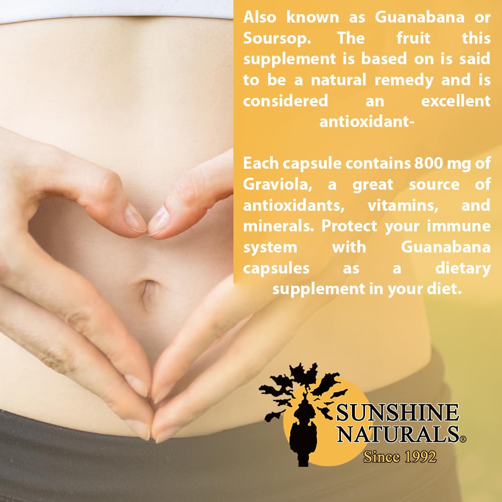 Sunshine Naturals Graviola Supplement. Immune Support, Digestive Aid, Antioxidant Defense, and Detoxification. Promotes Healthy Digestion, Cellular Health, and Overall Wellness. 60 Capsules. Pack of 3
