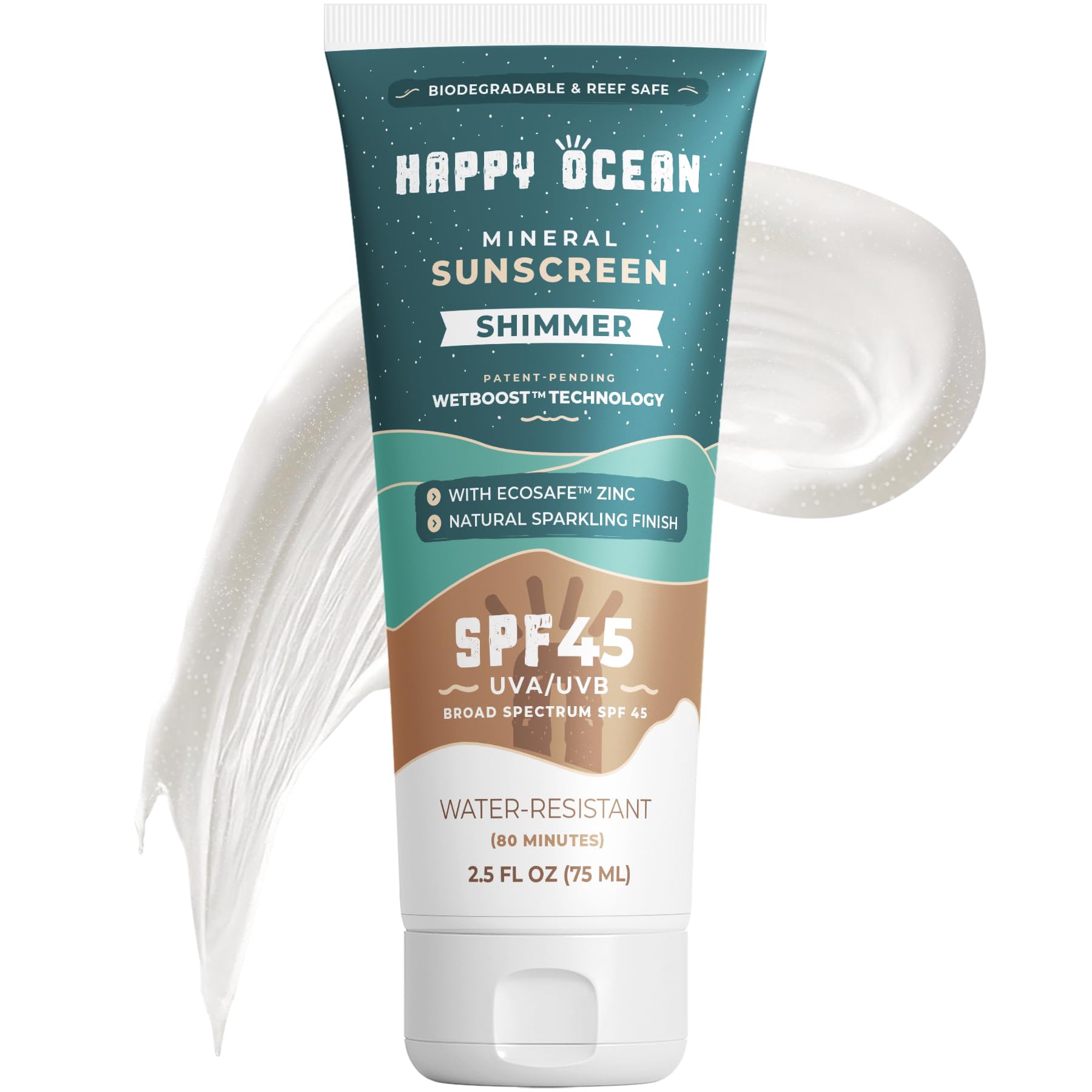 Happy Ocean SPF 45 Shimmer Mineral Sunscreen with Non-Nano Zinc Oxide for Face and Body, Natural Sparkling Finish Reef Safe Sunscreen, Travel Size, Non-toxic, Biodegradable, Water Resistant, 2.5 Fl oz