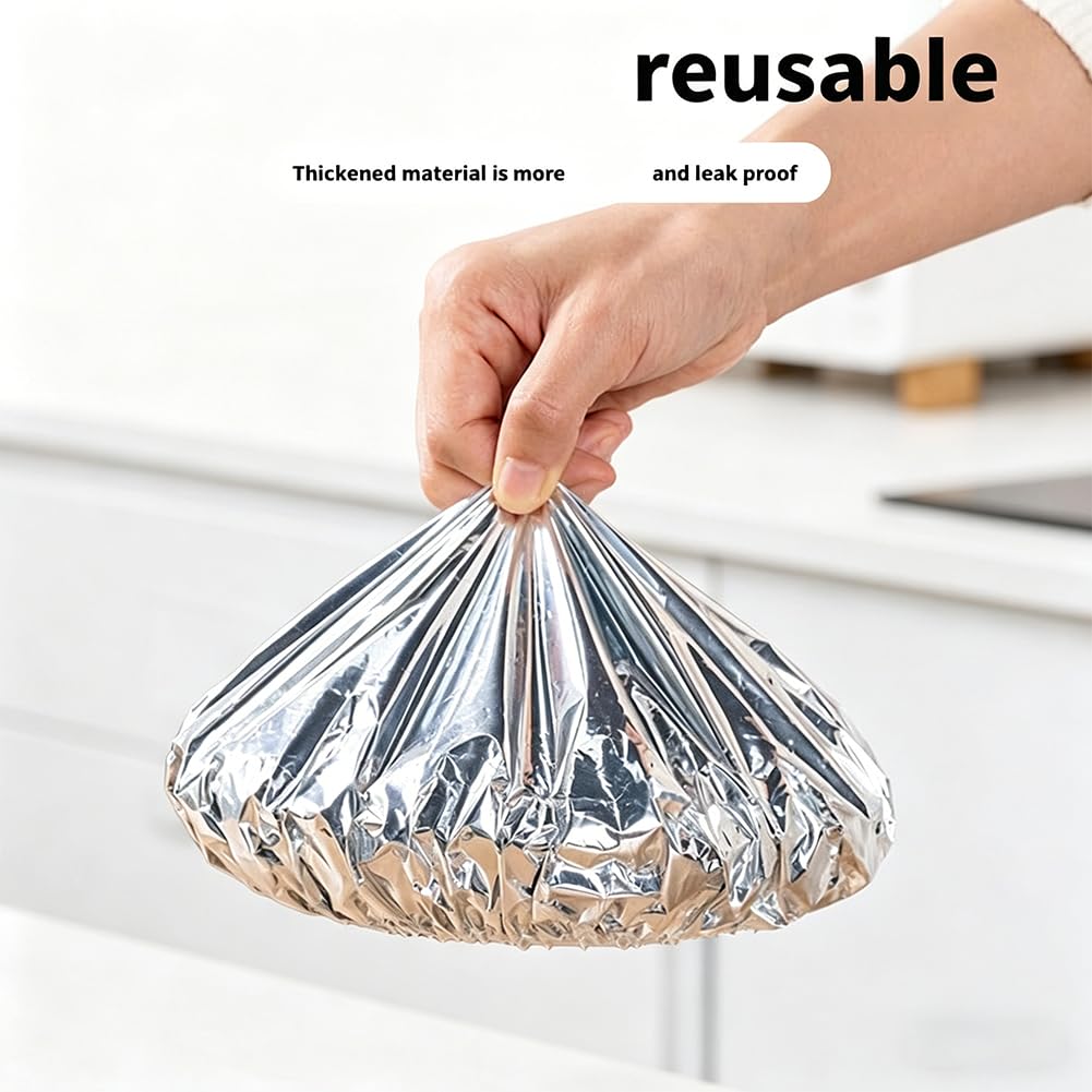 200 PCS Aluminum Foil Food Covers, Upgraded&Thickened Reusable Aluminum Foil Food Covers, 110℃ Heat Resistant Elastic for Meals Vegetable Fruit Leftovers for Kitchen Reusable Picnic Restaurant