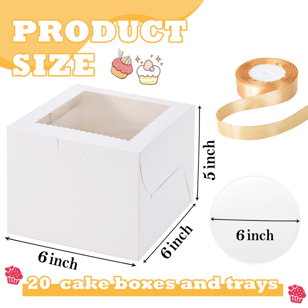KPOSIYA 40pcs 6x6x5 inch Mini Cake Boxes with Cake Boards (20 Boxes & 20 Boards), 6 inch Small Cake Boxes with Lids，Cajas de mini pastel Bakery Boxes with Window for Christmas Thanksgiving
