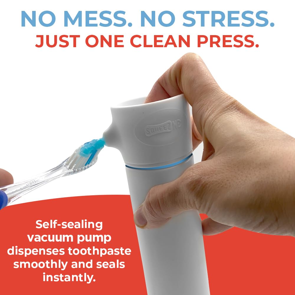 SqueezMe EasyPump Toothpaste Dispenser System - No-Mess Toothpaste Dispenser for Kids, Adults, Families - Hygienic Design & Easy One-Hand Use - Organizers & Accessories for Bathroom - Universal Fit