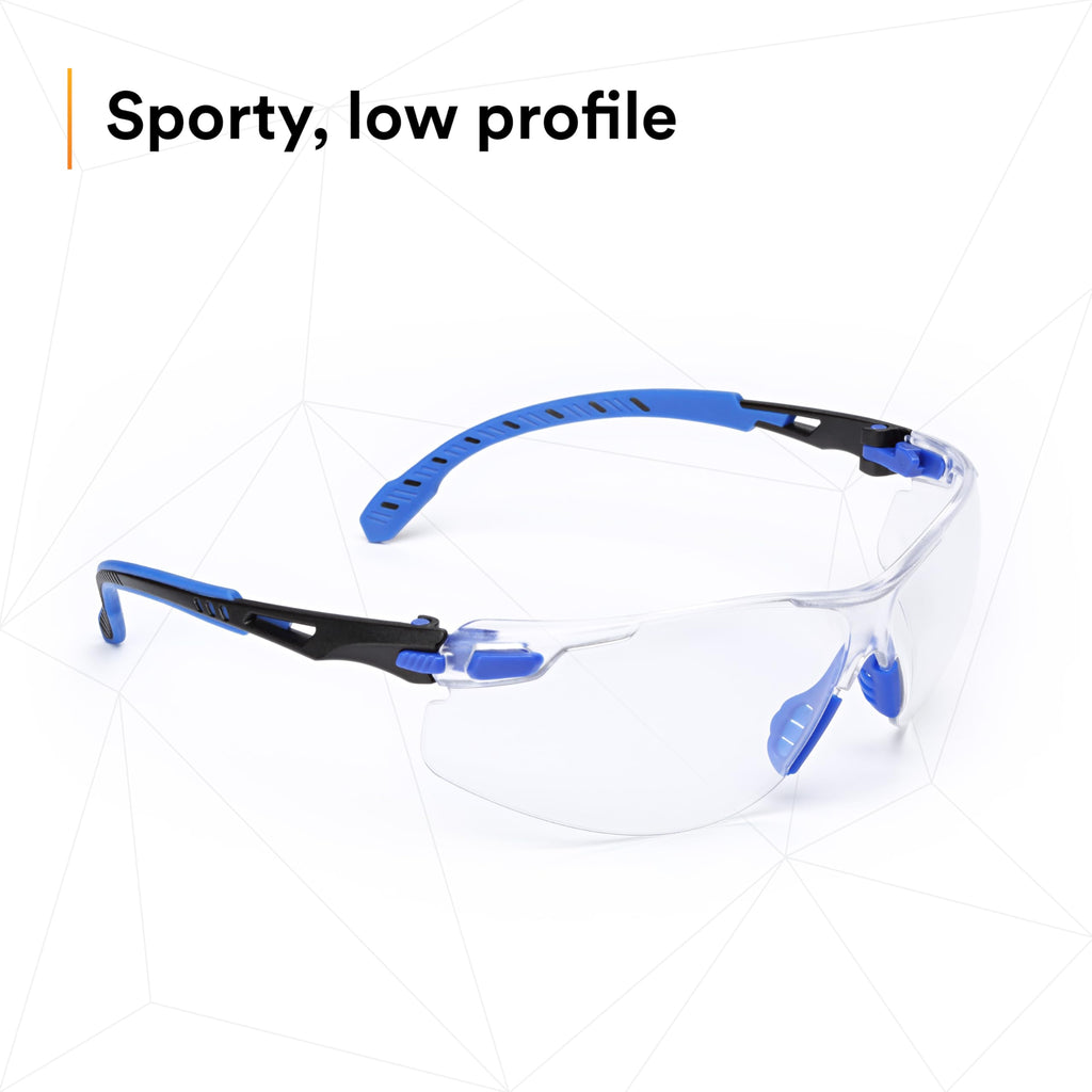 3M Safety Glasses for Men and Women, Solus 1000 Series, ANSI Z87, Scotchgard Anti-Fog, Clear Lens, Low Profile, Blue/Black Frame