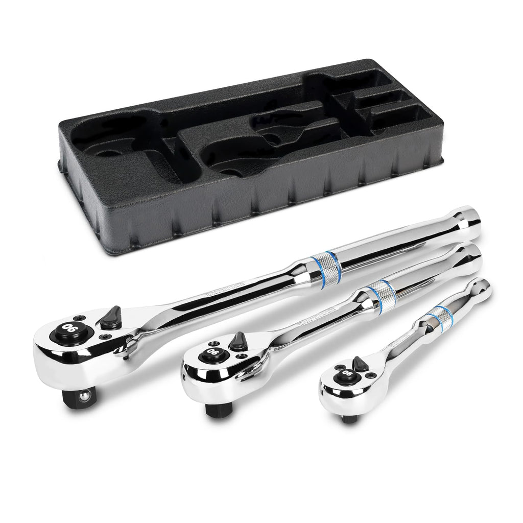 DURATECH 3-Piece Drive Ratchet, 1/4", 3/8", 1/2" 90-Tooth Quick-Release Ratchet Wrench, Reversible, Cr-V Made, Full Polished - with Plastic Insert Storage Box, Gifts for Men, Women, Dad