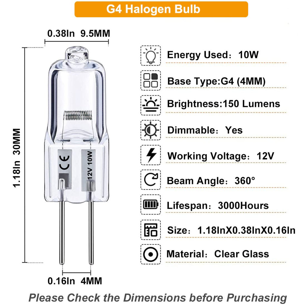 Vinaco G4 Halogen Bulb 12V 10W 2800K Warm White for Cabinet Lighting