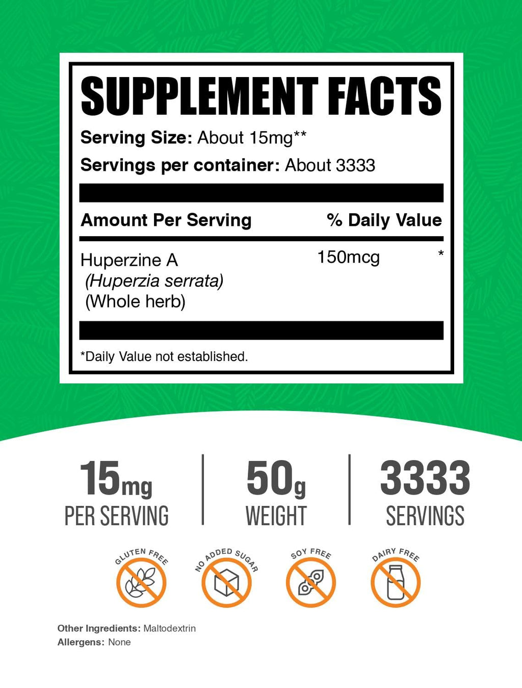 BulkSupplements.com Huperzine A Powder - Huperzia Serrata Powder, Huperzine A Supplement - Nootropic Supplement, Gluten Free, 15mg per Serving, 50g (1.8 oz) (Pack of 1)