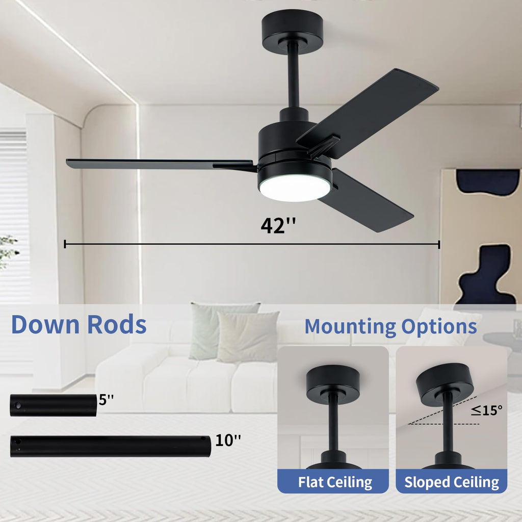LANMEL 42 Inch Metal Ceiling Fan with Light, Modern Flush Mount Low Profile with Remote Control, Reversible, 3cct Dimmable, Quiet, Black LED for Bedroom, Living Room, Indoor/Outdoor Patio Use