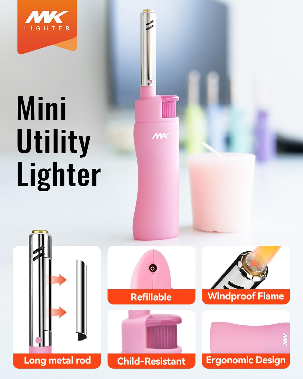 MK Candle Lighter, Butane Refillable Wind-Resistant Flame, 4-Pack for BBQ, Camping, Outdoor Use (Harmony-5PC)