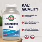 KAL Calcium Citrate 1000mg, Calcium Supplements for Women and Men, Bone Health, Teeth, Nervous, Muscular & Cardiovascular System Support, Gluten Free and Lab Verified, 60 Servings, 180 Tablets